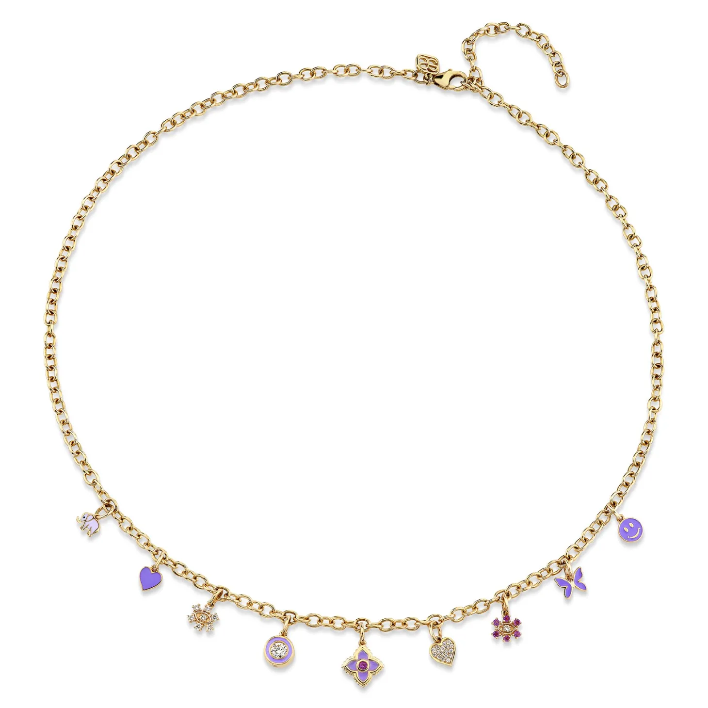Gold & Amethyst Enamel Multi-Charm Necklace