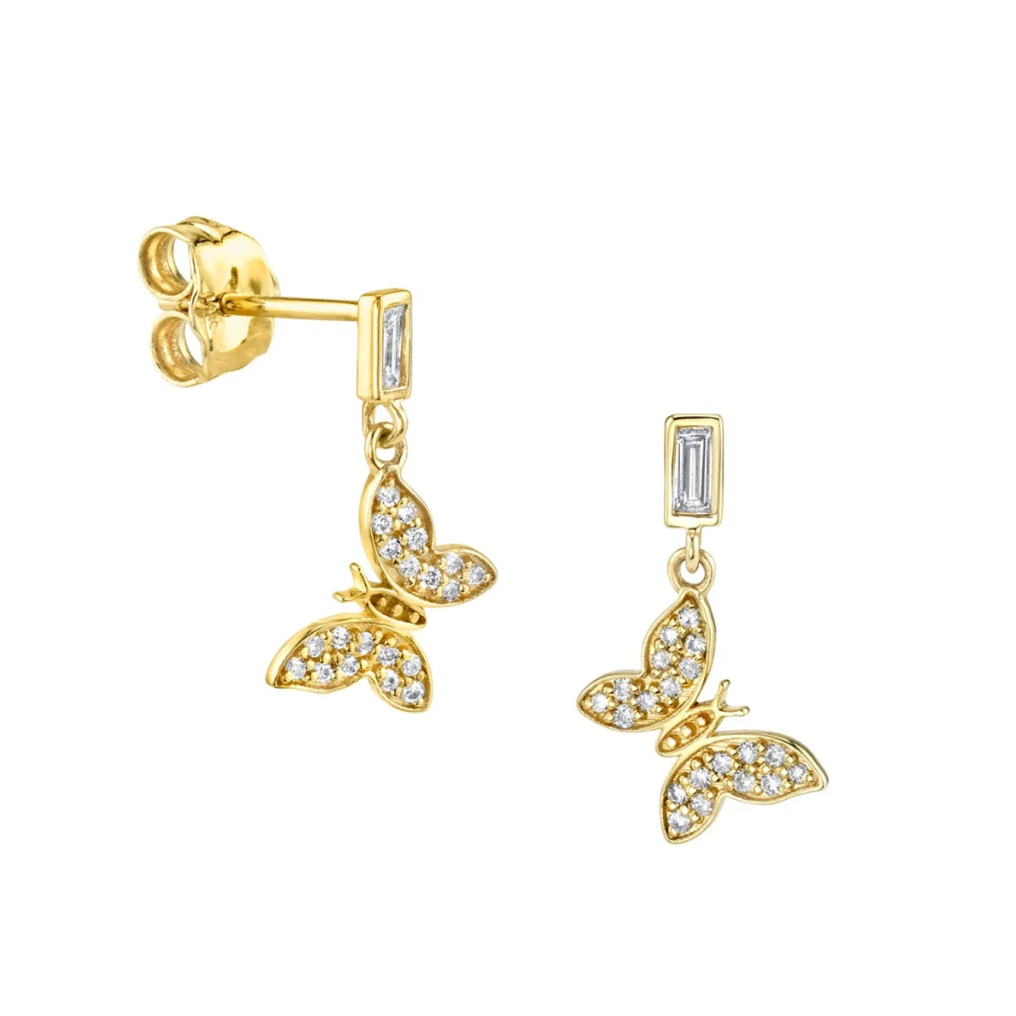 Gold & Baguette Diamond Tiny Butterfly Earring