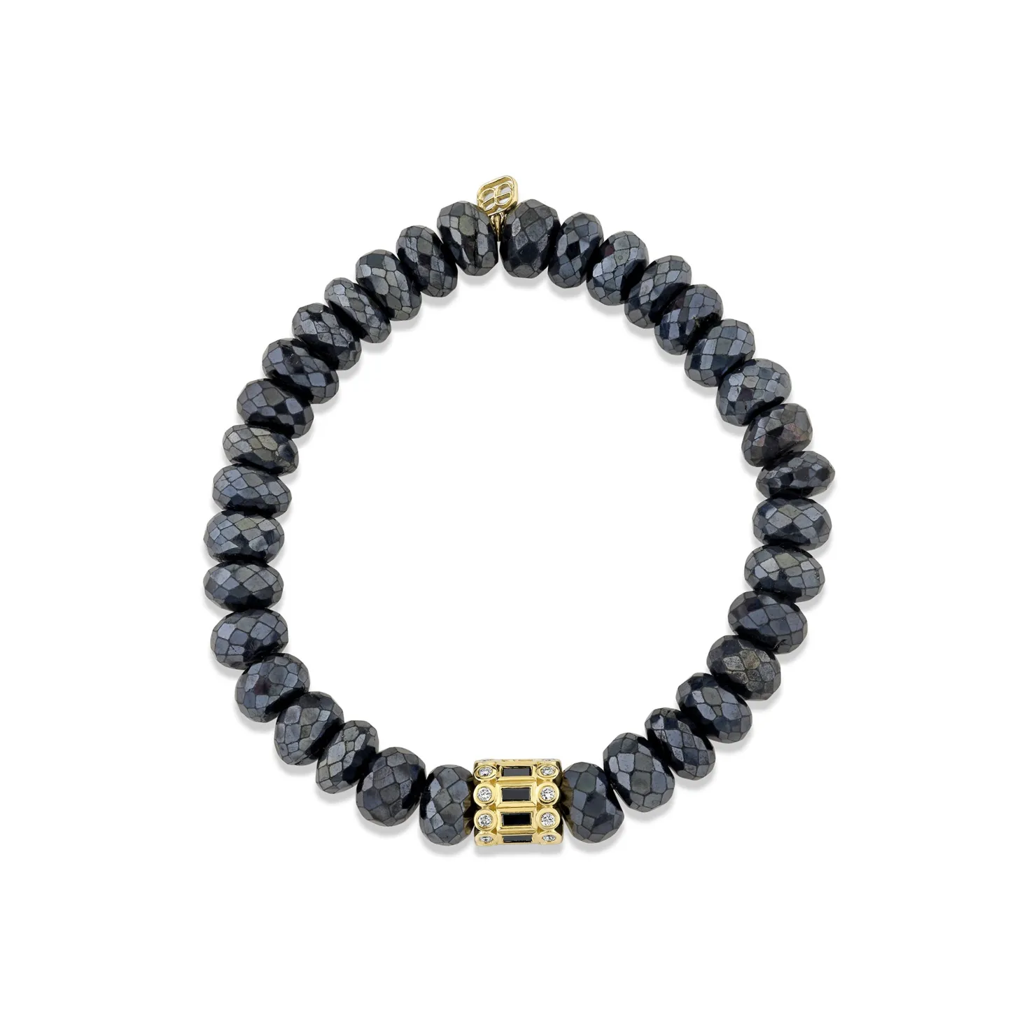 Gold & Diamond Baguette & Round Bezel Rondelle On Mystic Black Spinel