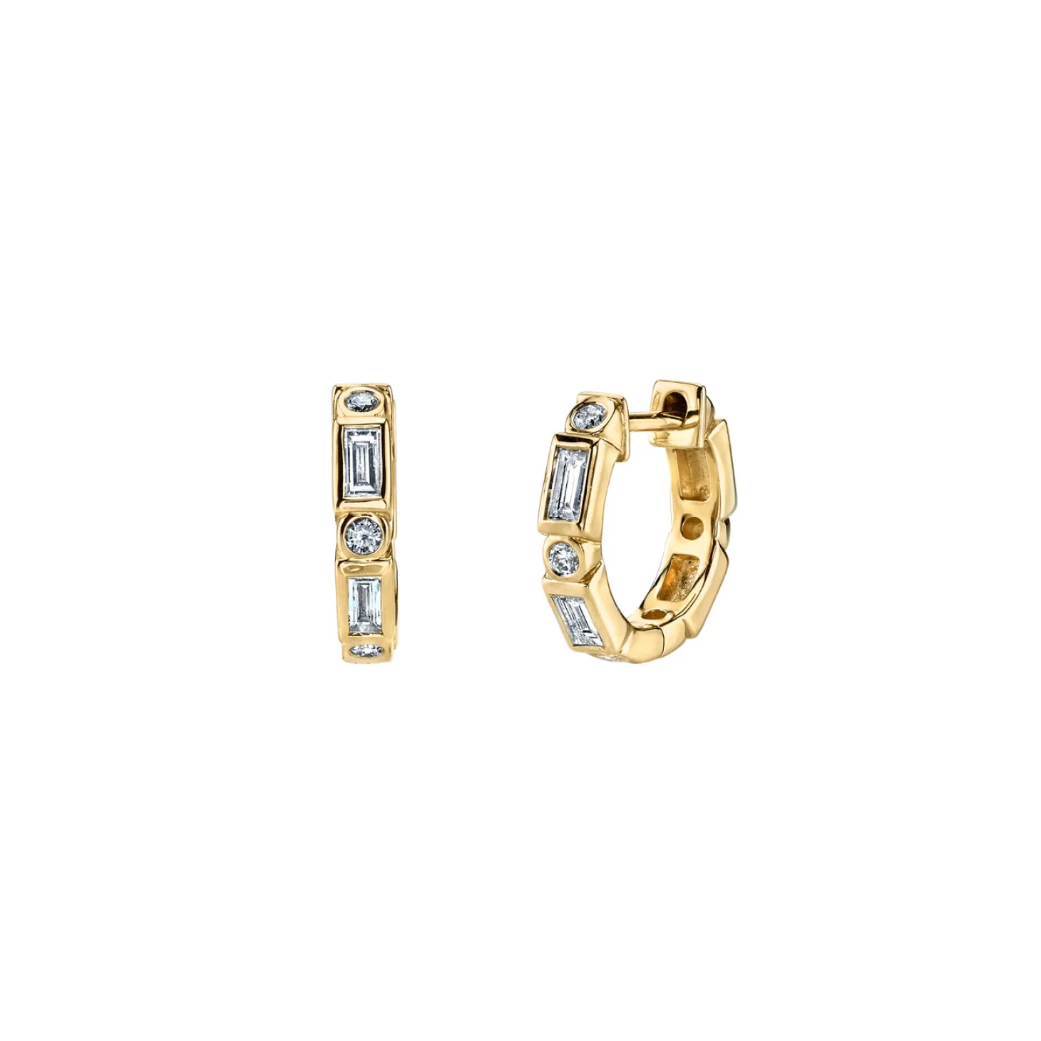 Gold & Diamond Baguette and Round Bezel Huggie Hoops