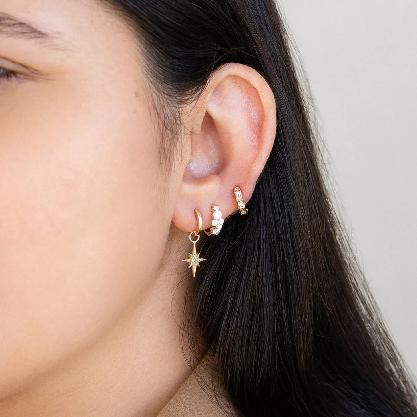 Gold & Diamond Baguette and Round Bezel Huggie Hoops