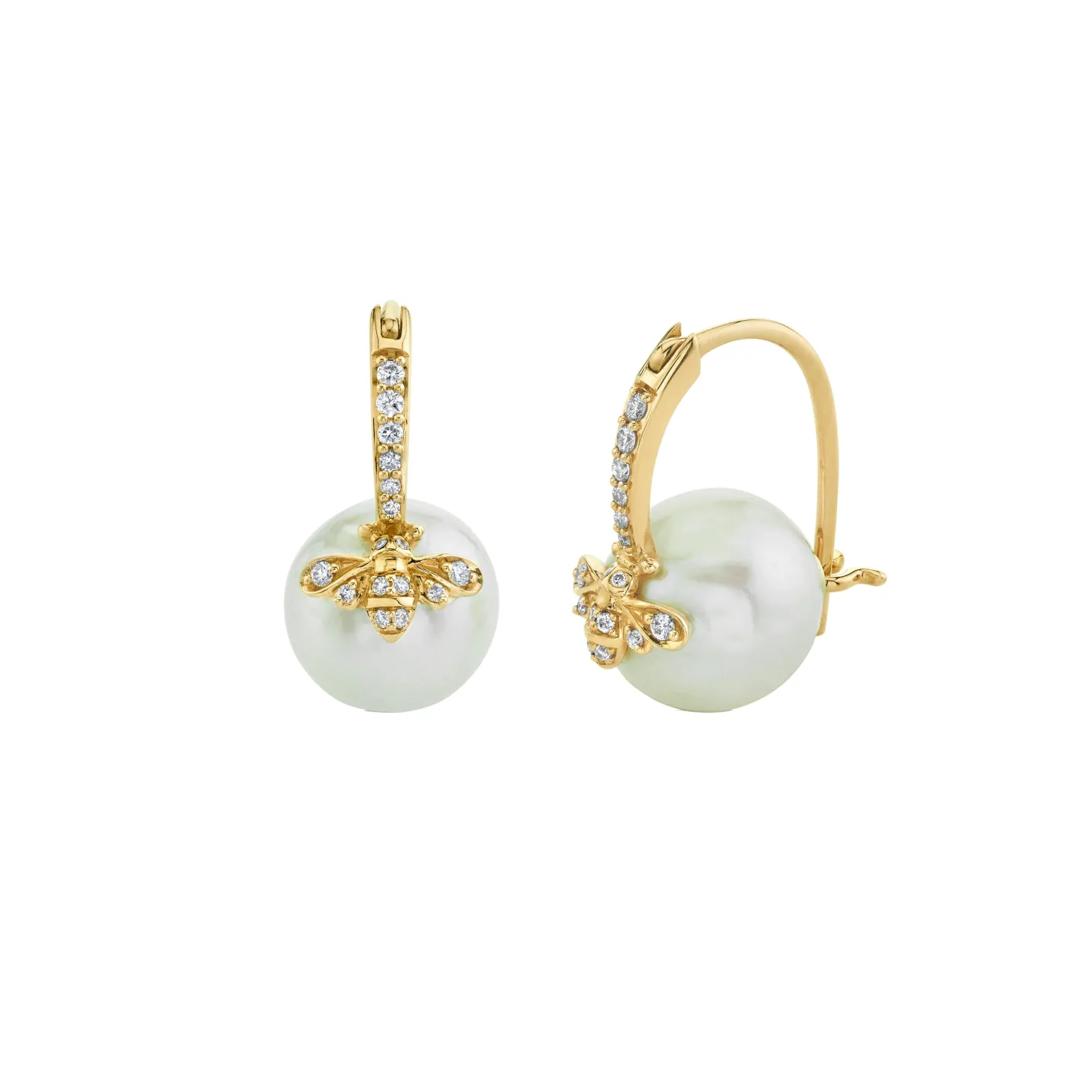 Gold & Diamond Bee Pearl Earrings
