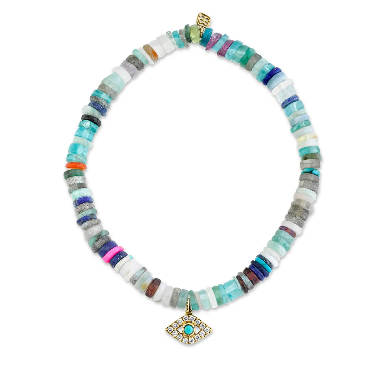 Gold & Diamond Bezel Eye with Turquoise on Rainbow Heishi