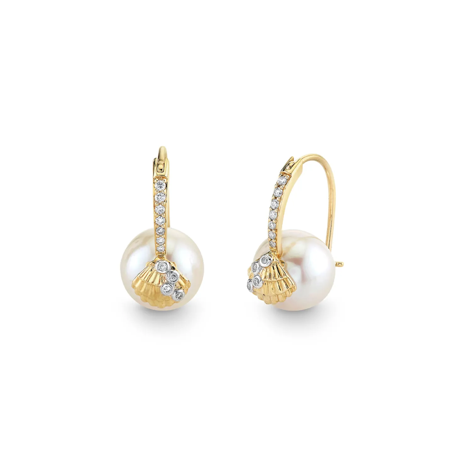 Gold & Diamond Clam Shell Pearl Earrings