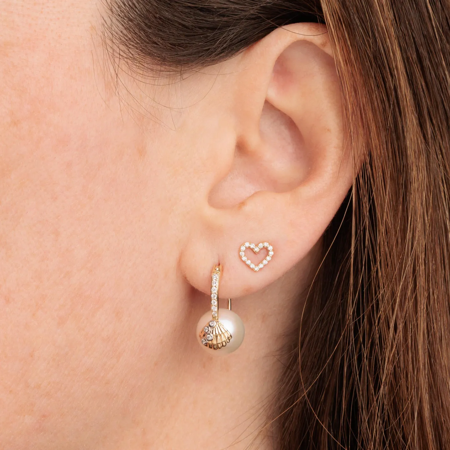 Gold & Diamond Clam Shell Pearl Earrings