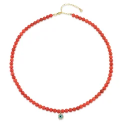 Gold & Diamond Enamel Eye Peach Coral Necklace