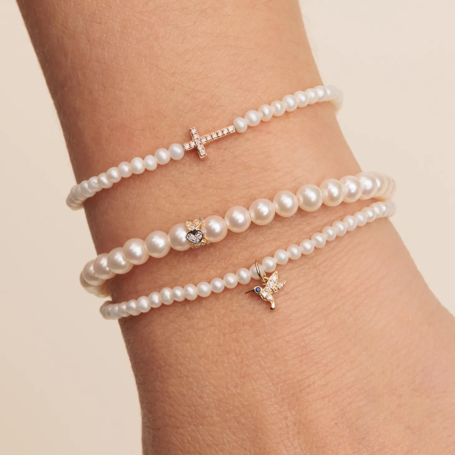 Gold & Diamond Eternity Heart Rondelle on Pearls