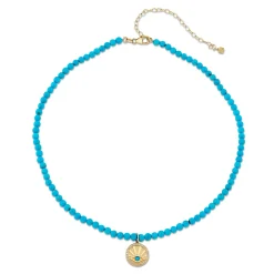 Gold & Diamond Eye Coin Blue Turquoise Necklace