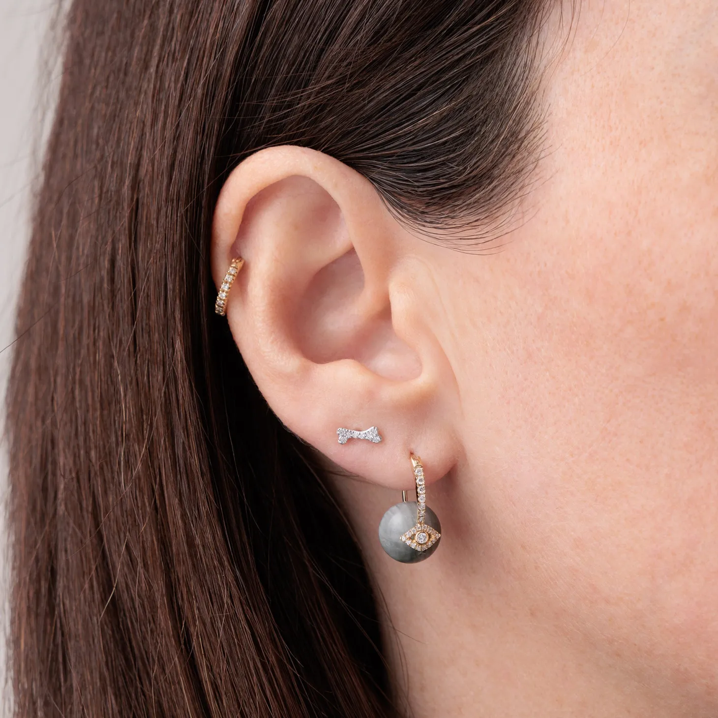 Gold & Diamond Eye Grey Cat's Eye Earrings