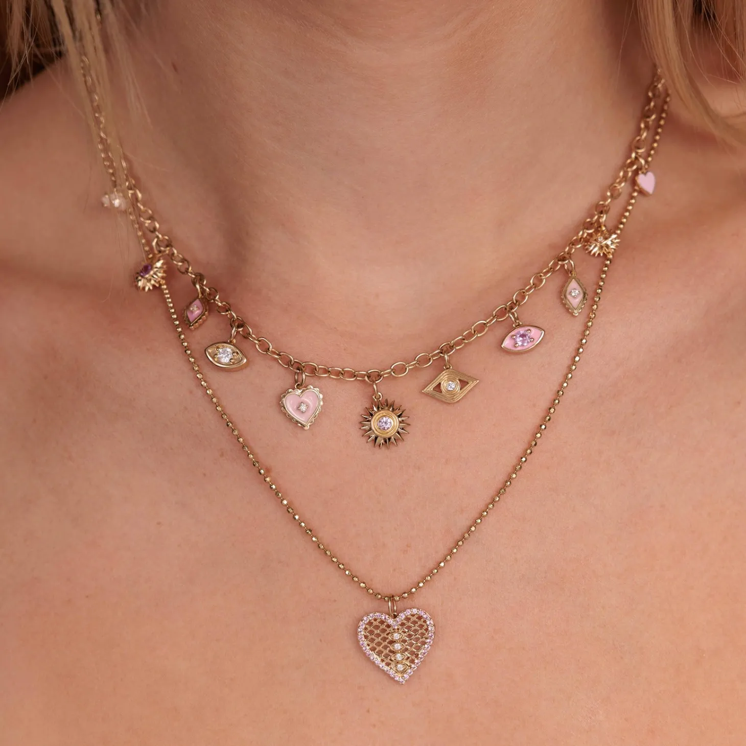 Gold & Diamond Fishnet Heart Charm
