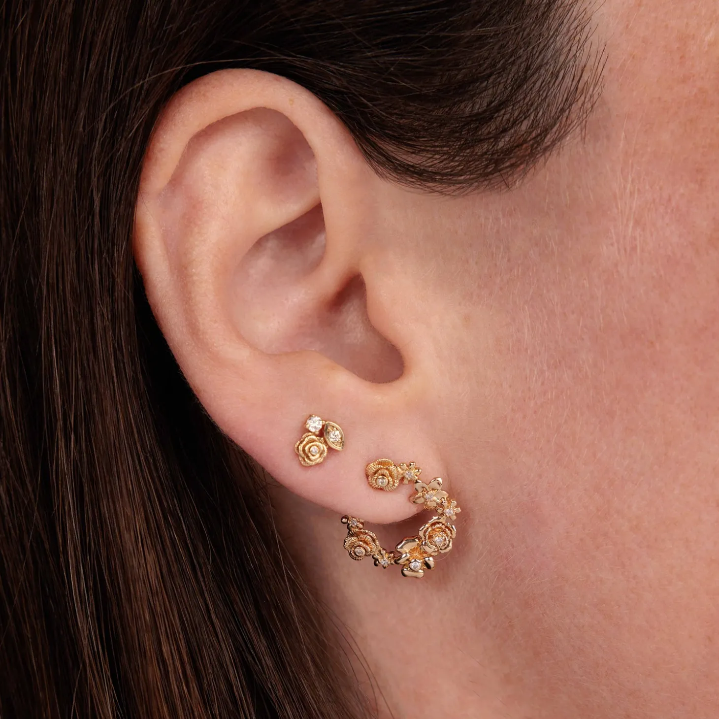 Gold & Diamond Flower Cluster Wrap Earrings