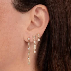 Gold & Diamond Fluted Baguette & Round Drop Earring