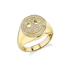 Gold & Diamond Happy Face Pavé Signet Ring