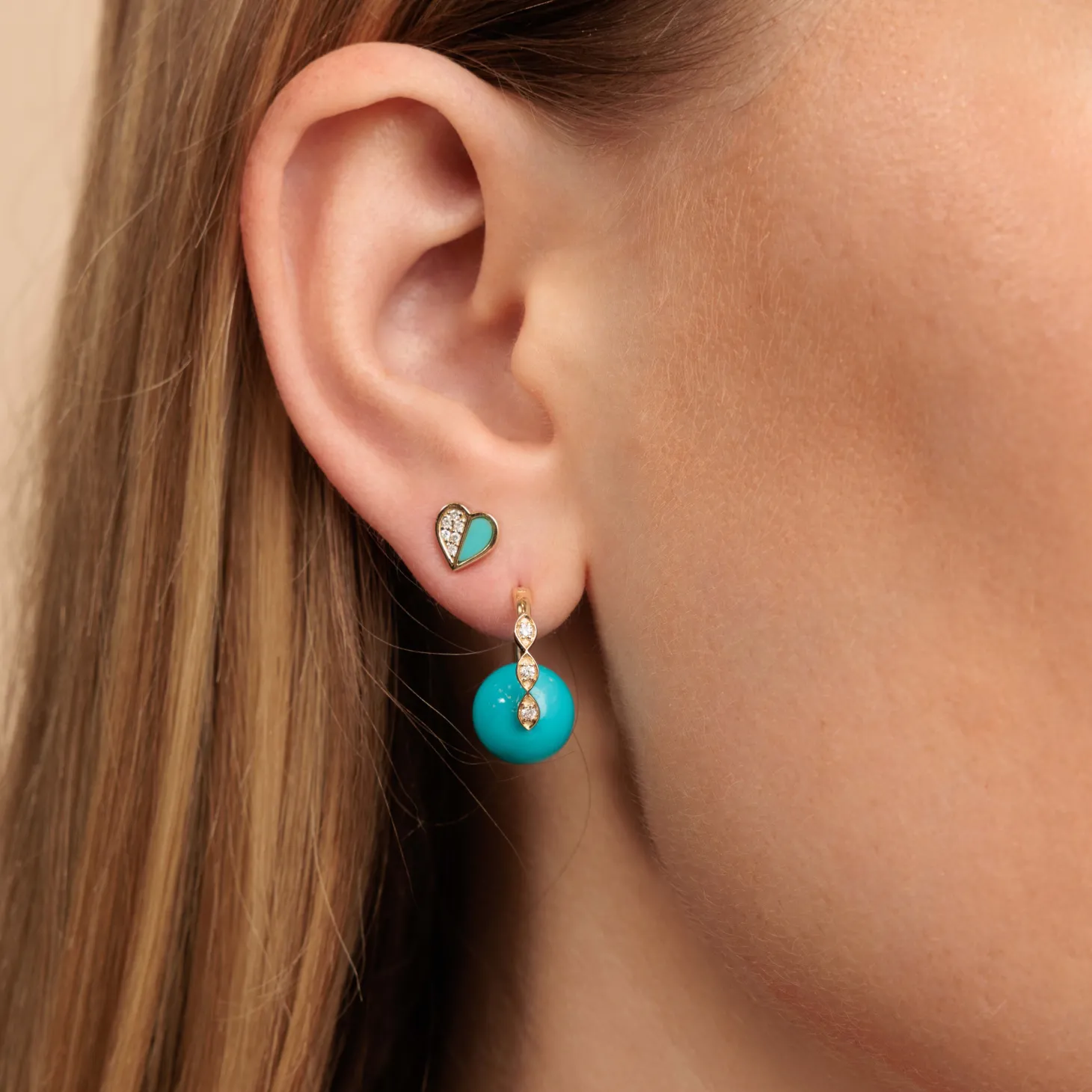 Gold & Diamond Heart With Stone Inlay Stud