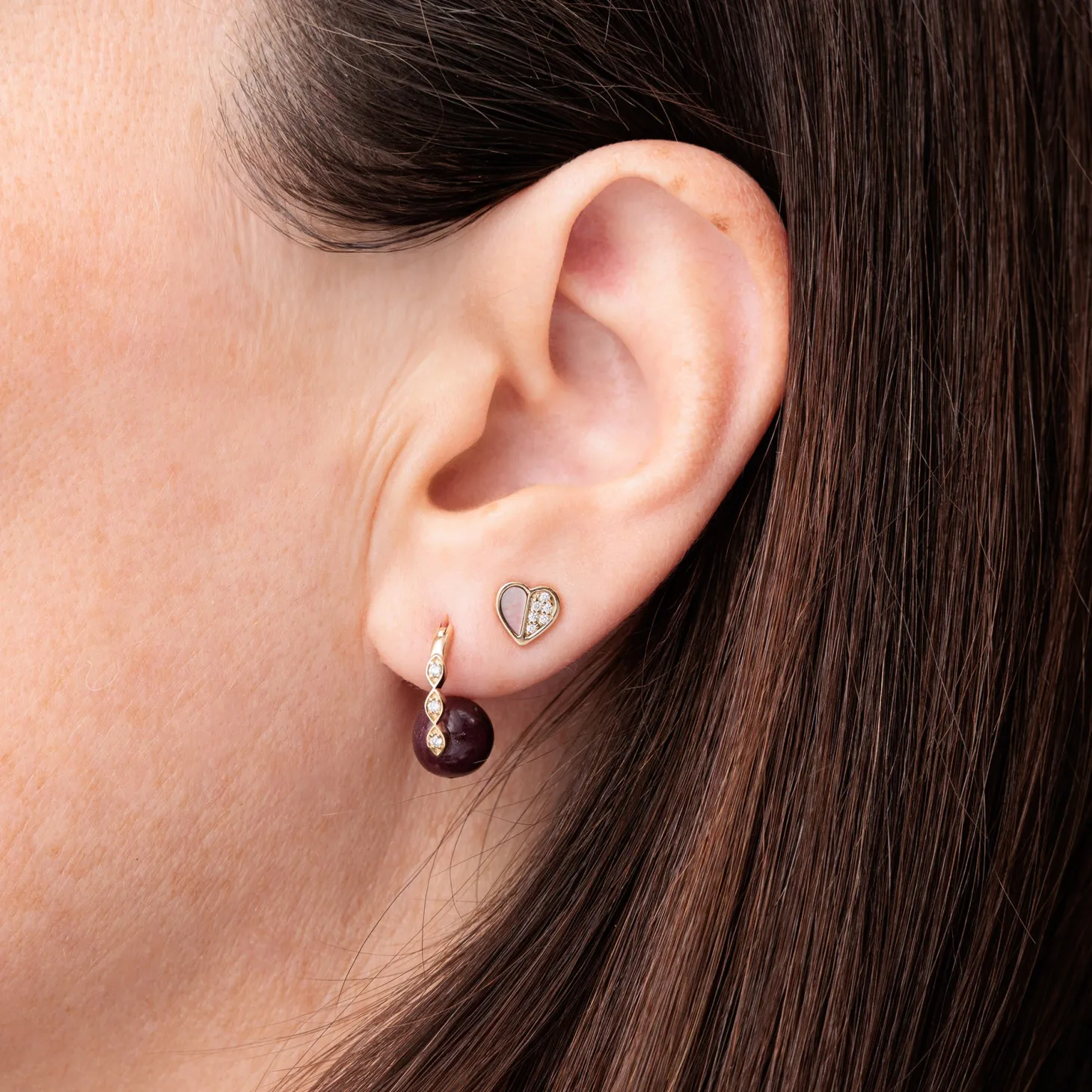 Gold & Diamond Heart With Stone Inlay Stud