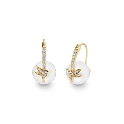 Gold & Diamond Hummingbird Pearl Earrings