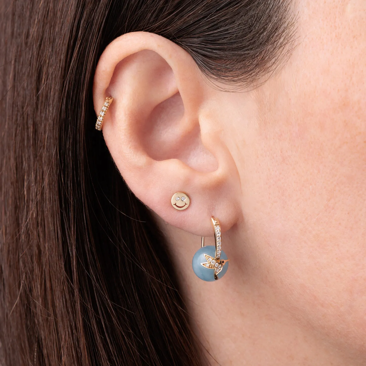 Gold & Diamond Hummingbird Aquamarine Earrings