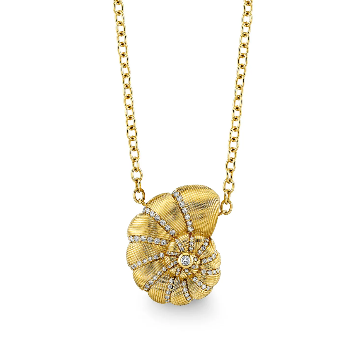 Gold & Diamond Large Fluted Nautilus Shell Necklace