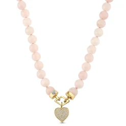 Gold & Diamond Love Rose Quartz Beaded Necklace