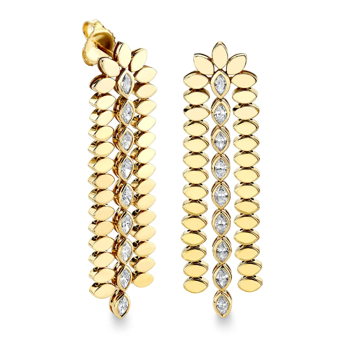 Gold & Diamond Marquise Eye Long Drop Earrings