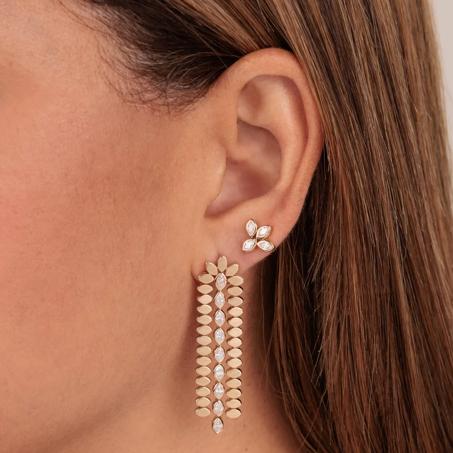 Gold & Diamond Marquise Eye Long Drop Earrings