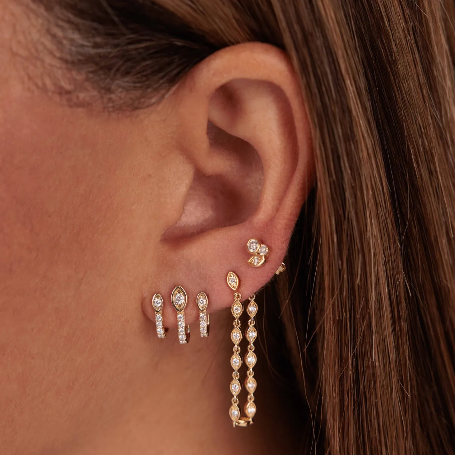 Gold & Diamond Marquise Eye Triple Bar Stud