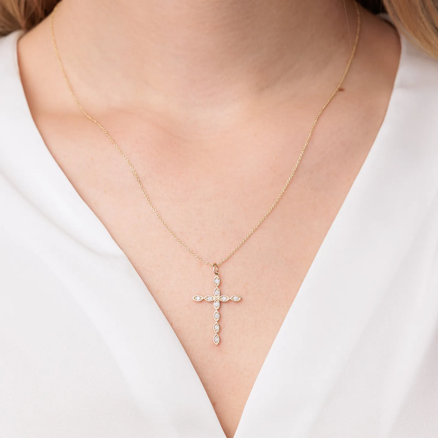 Gold & Diamond Marquise Eye Cross Charm