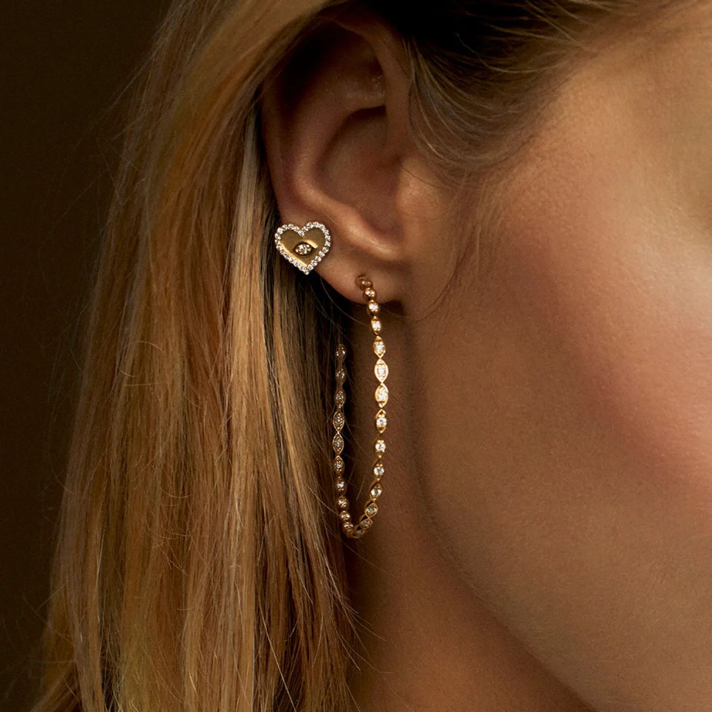 Gold & Diamond Marquise Eye Large Hoops