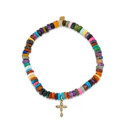 Gold & Diamond Marquise Eye Cross on Rainbow Heishi