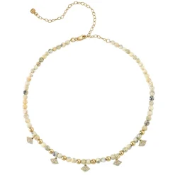 Gold & Diamond Multi Bezel Eye Charm Necklace on African Opal
