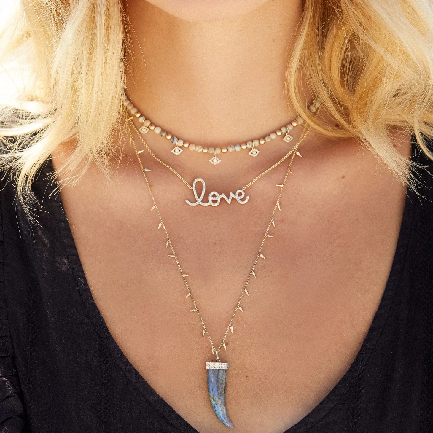 Gold & Diamond Multi Bezel Eye Charm Necklace on African Opal