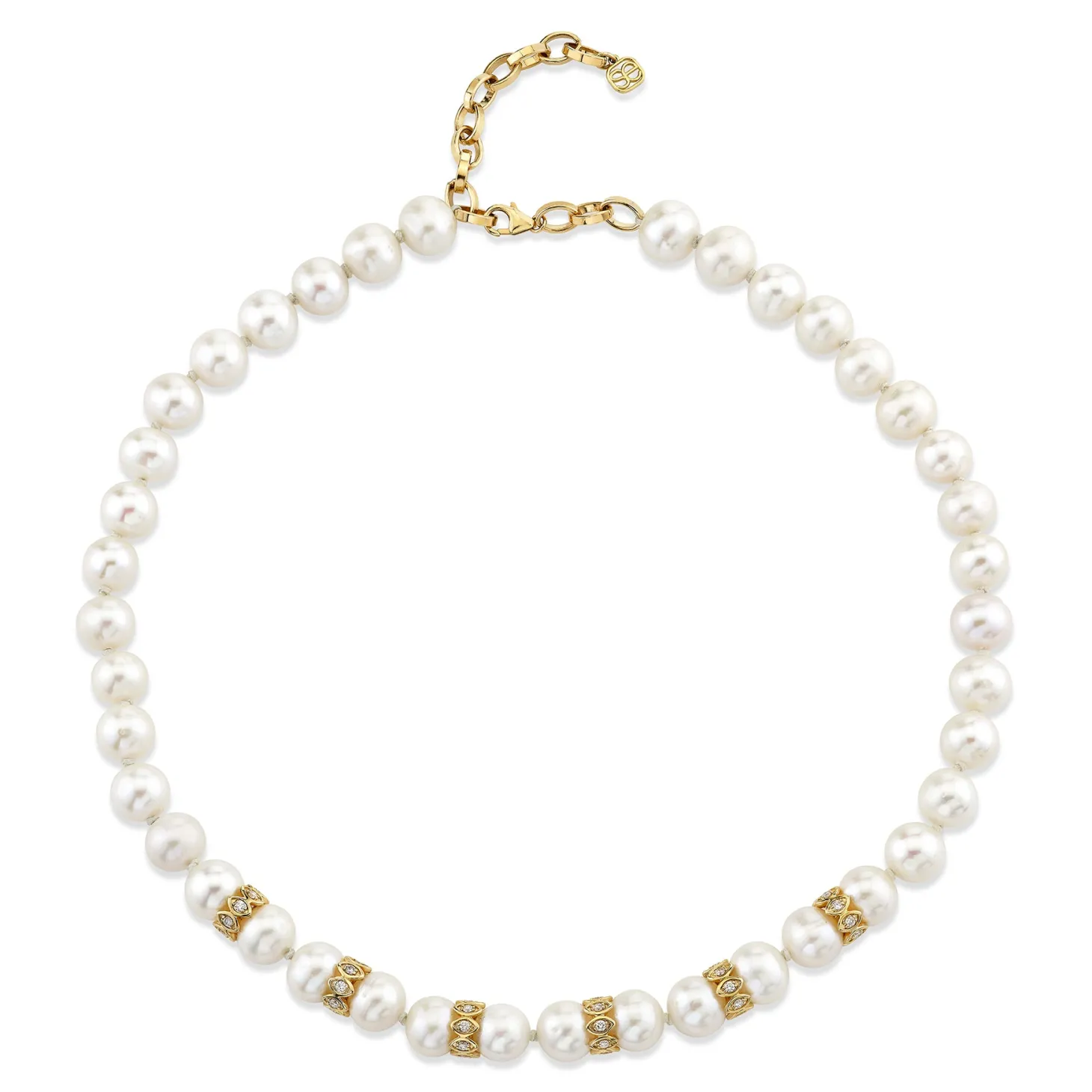 Gold & Diamond Multi Marquise Eye Rondelle Pearl Necklace