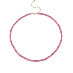 Gold & Diamond Pink Sapphire Faceted Rondelle Beaded Necklace
