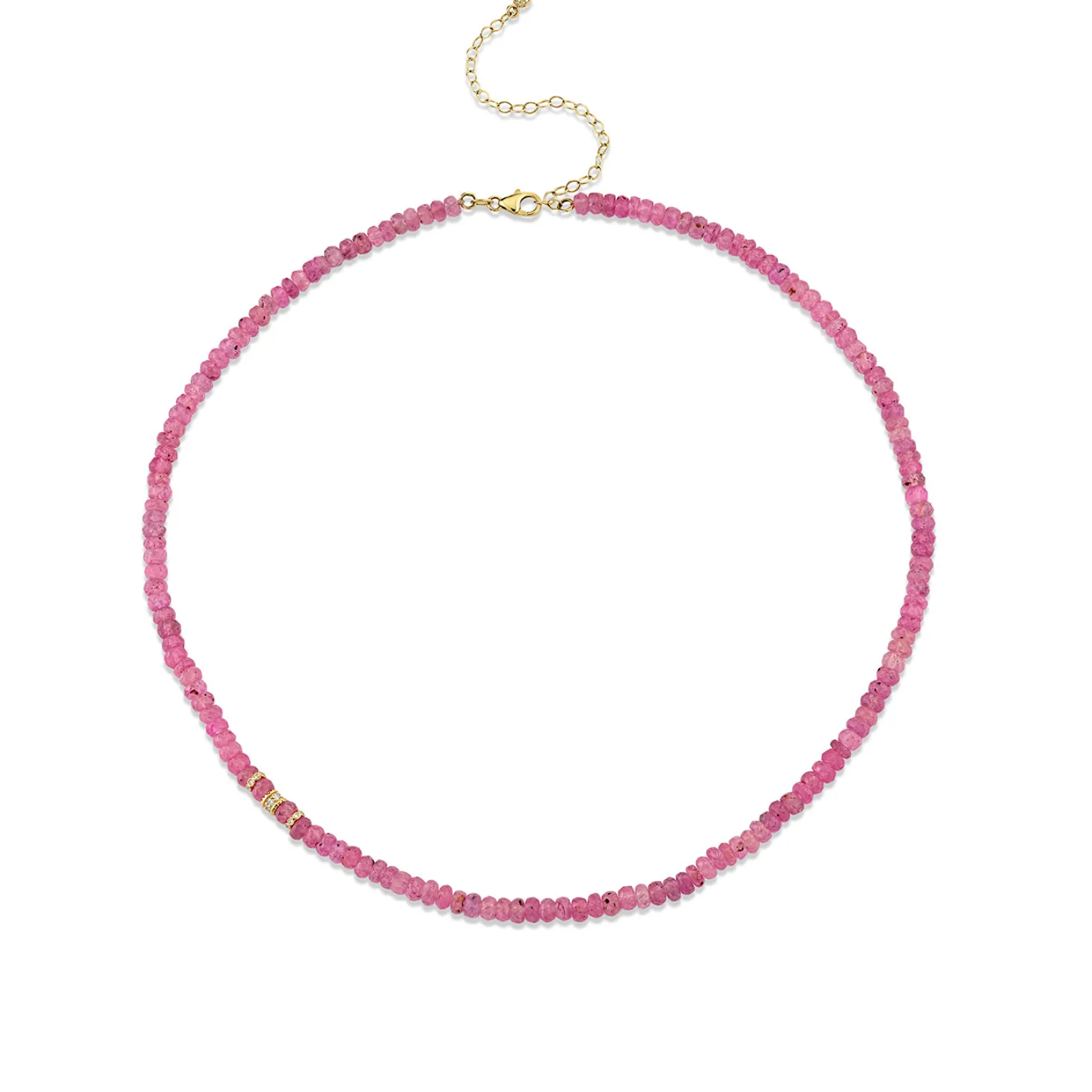 Gold & Diamond Pink Sapphire Faceted Rondelle Beaded Necklace