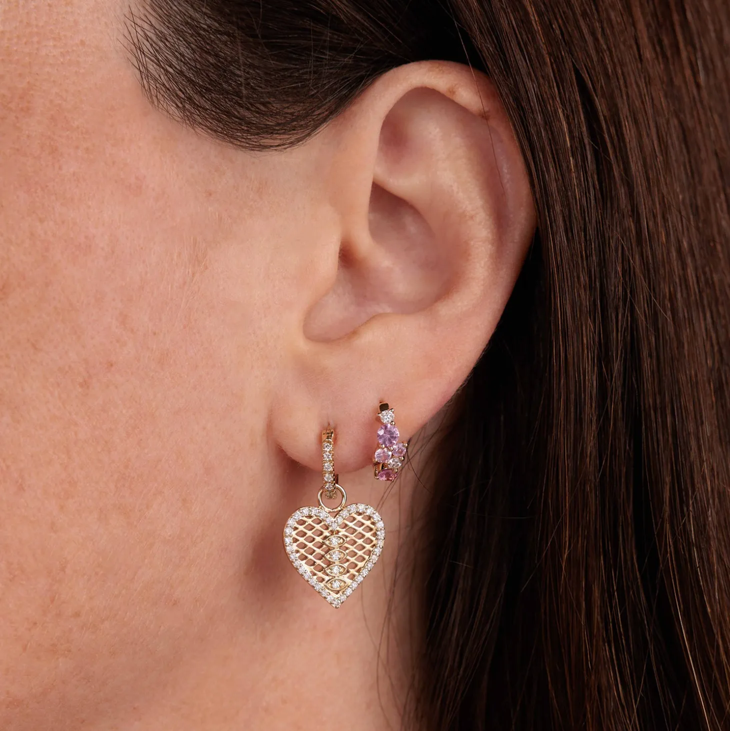 Gold & Diamond Pink Sapphire Cocktail Huggie Hoops