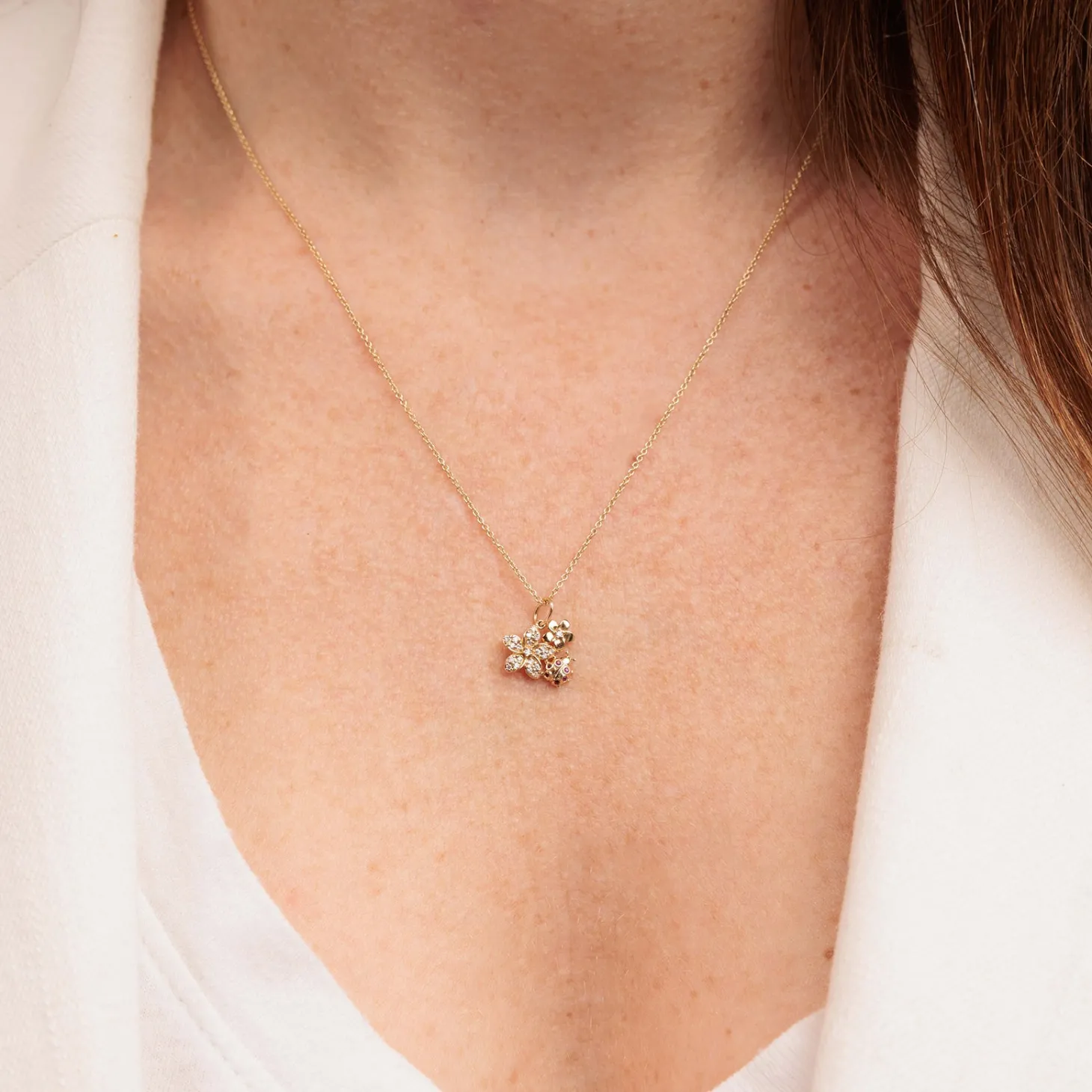 Gold & Diamond Plumeria Ladybug Cluster Charm