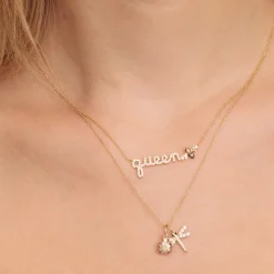 Gold & Diamond Queen Bee Script Necklace