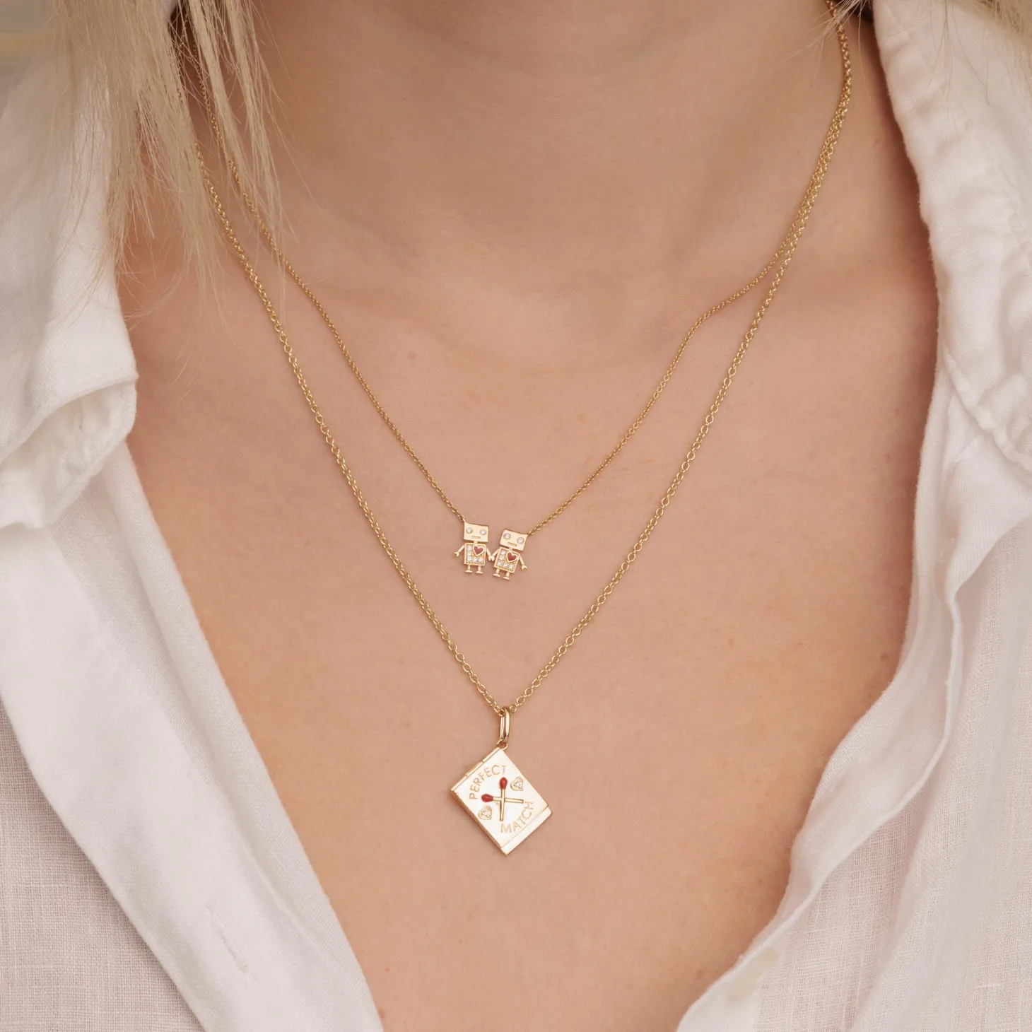 Gold & Diamond Robot Friendship Necklace