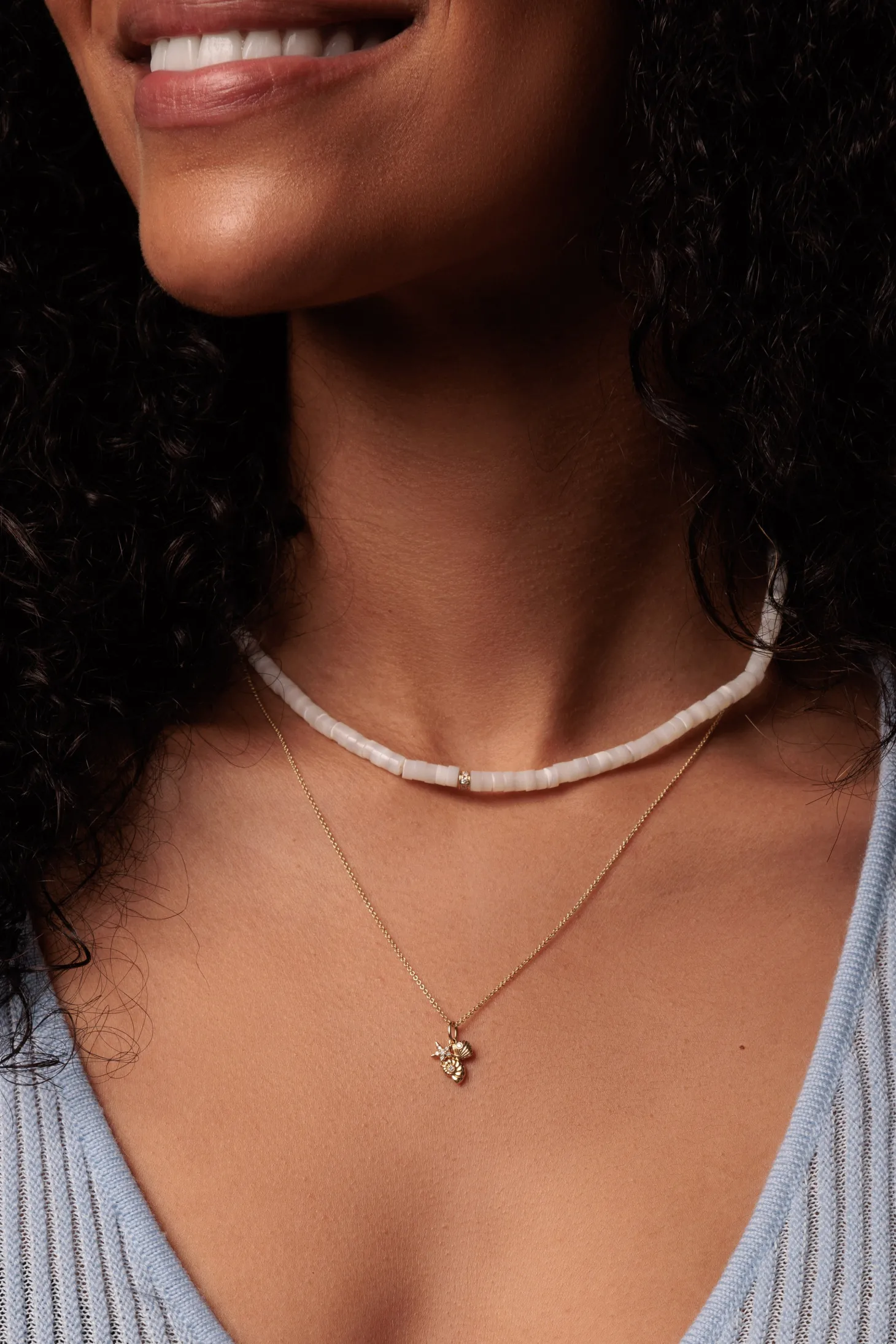 Gold & Diamond Rondelle Mother Of Pearl Heishi Choker