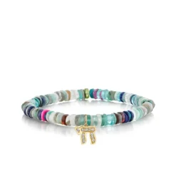 Gold & Diamond Small Chai on Rainbow Heishi