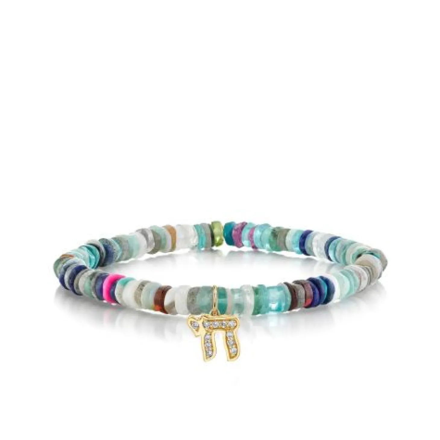 Gold & Diamond Small Chai on Rainbow Heishi