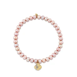 Gold & Diamond Small Clam Shell on Rose Pearls