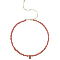 Gold & Diamond Small Enamel Red Bamboo Coral Necklace