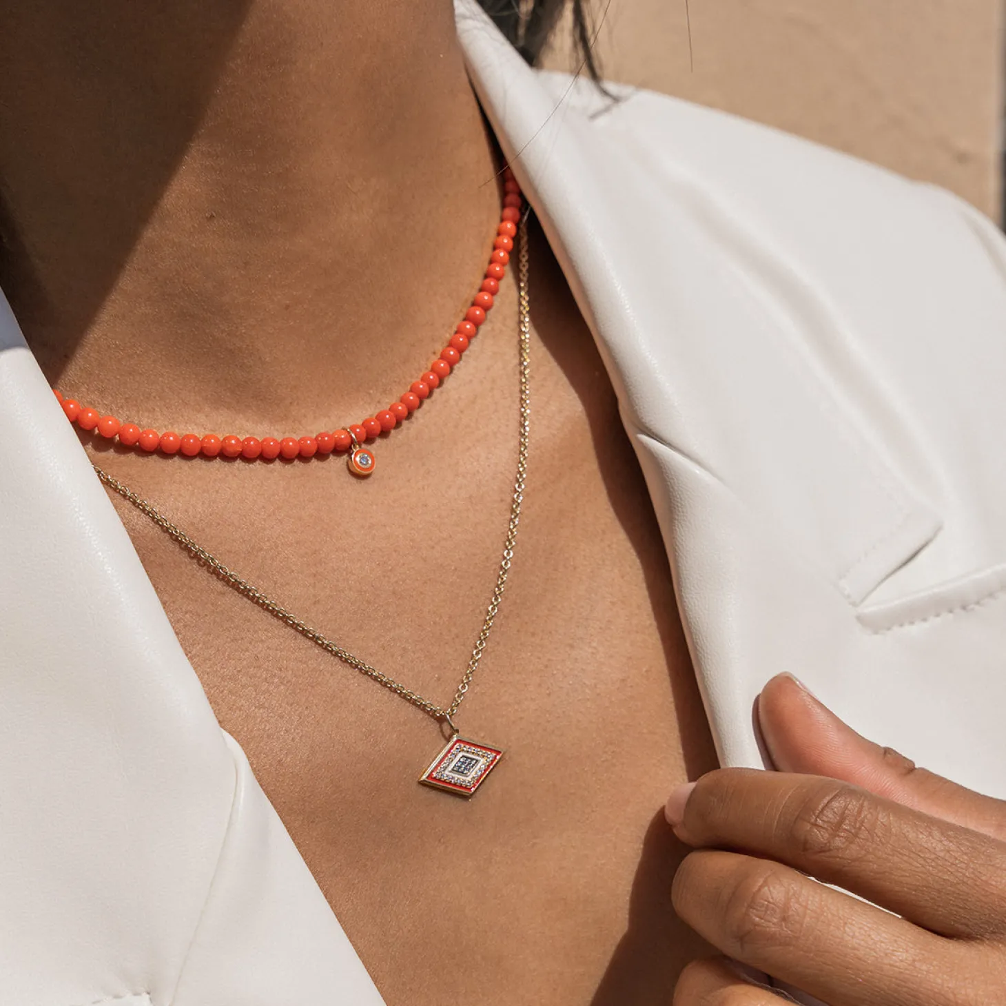 Gold & Diamond Small Enamel Red Bamboo Coral Necklace