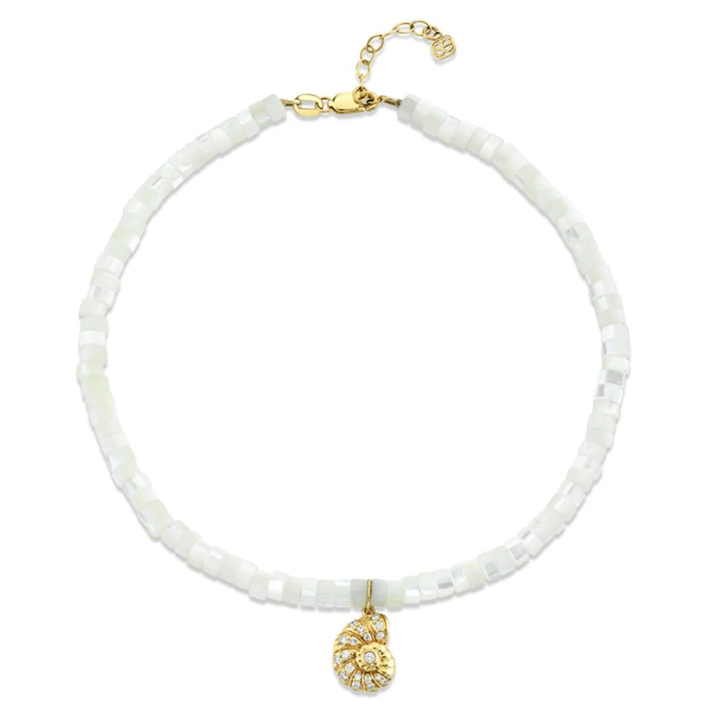 Gold & Diamond Small Nautilus Shell Anklet on Mother of Pearl Heishi
