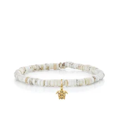 Gold & Diamond Small Turtle on White Turquoise Heishi