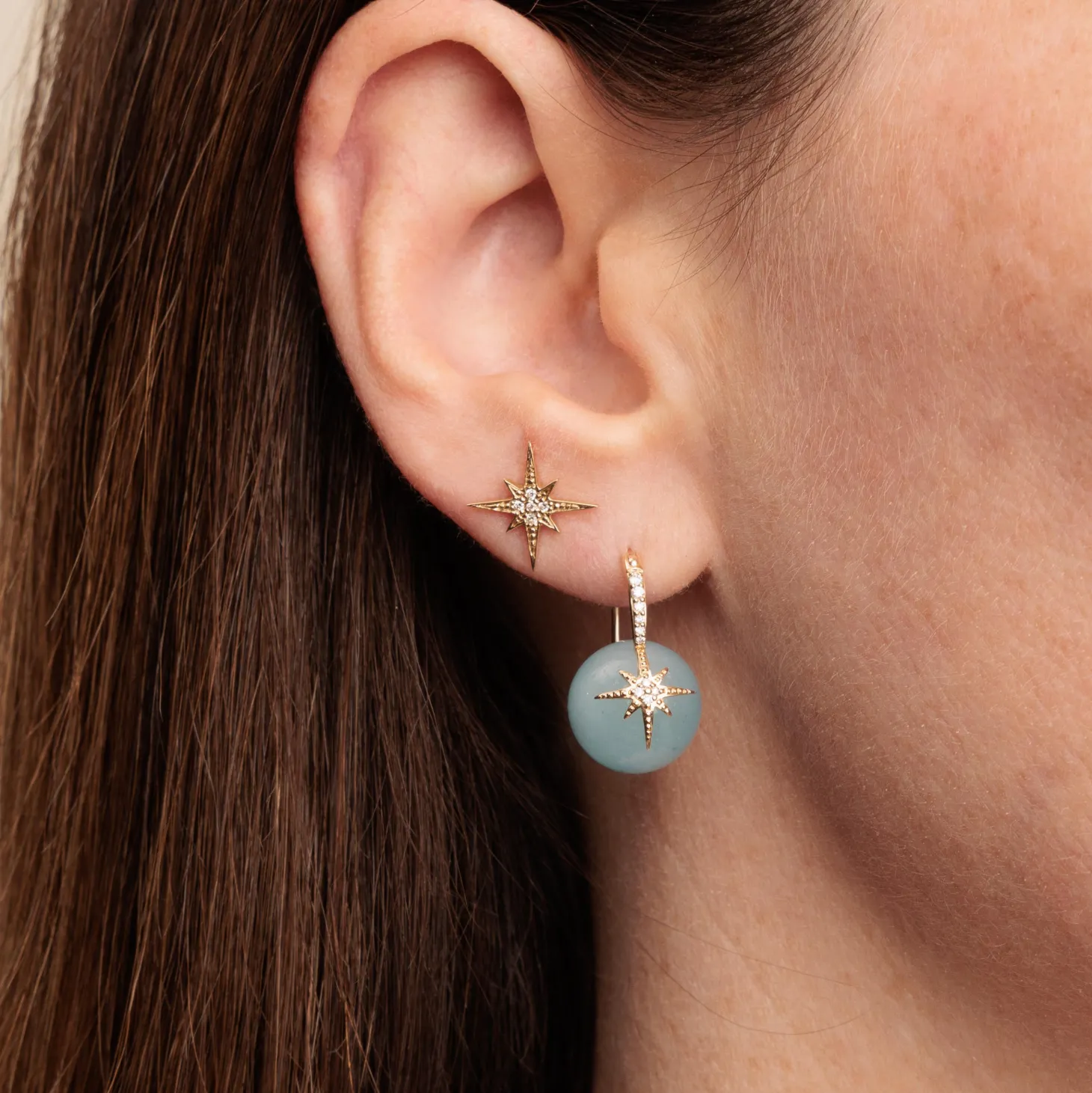 Gold & Diamond Starburst Aquamarine Earrings