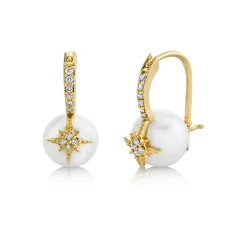 Gold & Diamond Starburst Pearl Bead Earrings