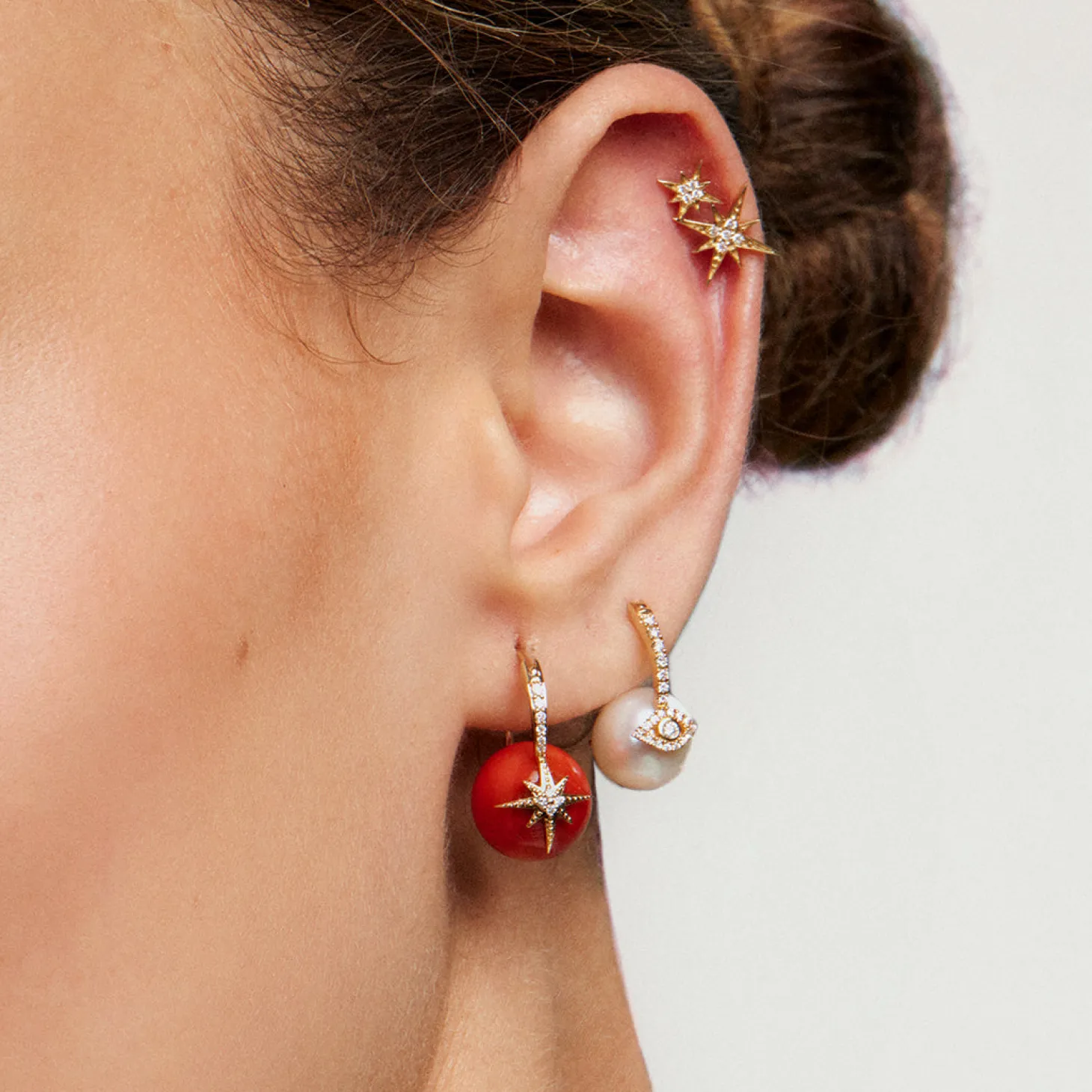 Gold & Diamond Starburst Red Coral Earrings