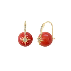 Gold & Diamond Starburst Red Coral Earrings